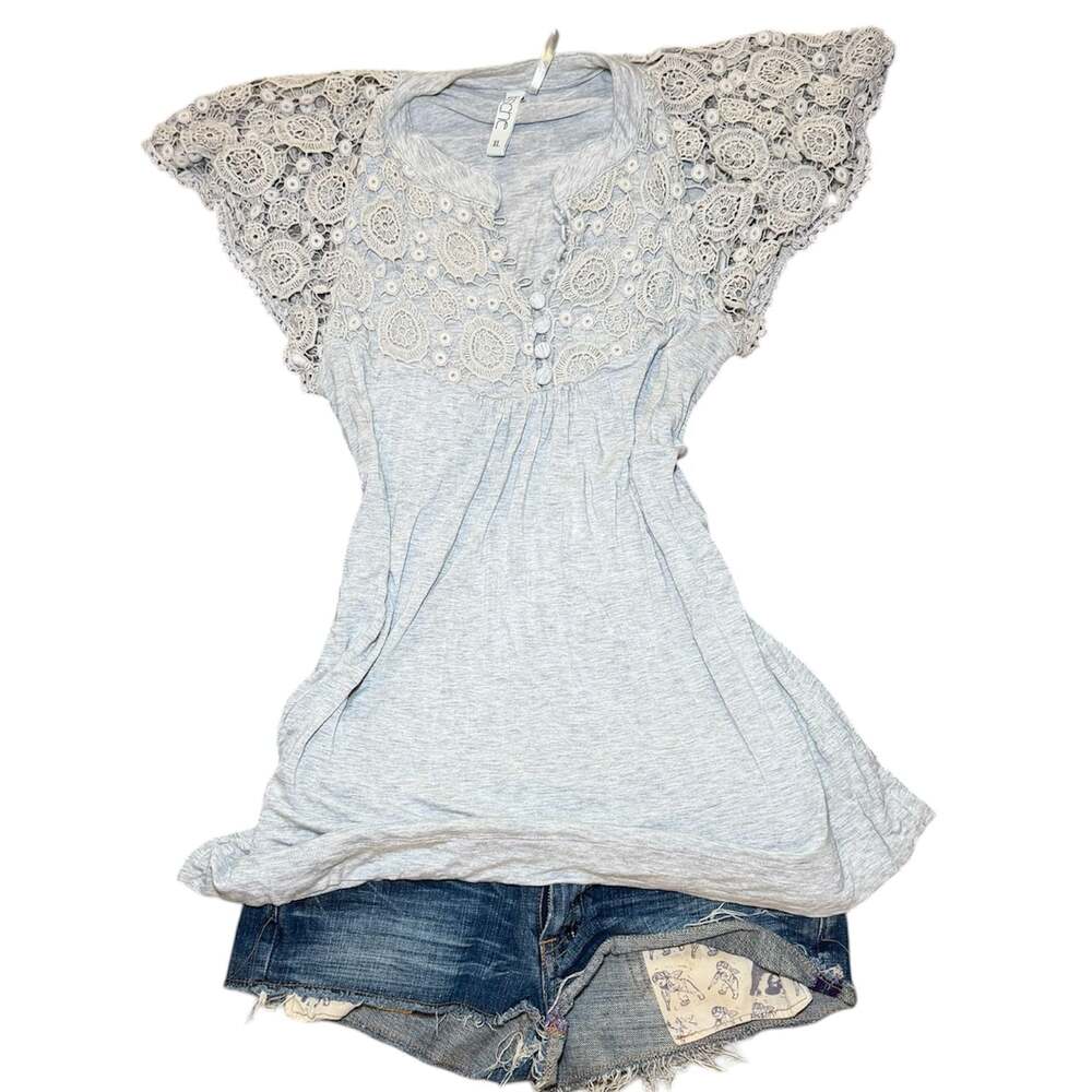 Kische Gray Crochet Lace Yoke Henley Top Womens XL Flutter Sleeve Boho Blouse